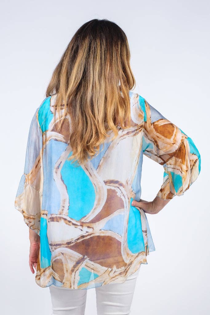 Martine Mosaic Flutter Sleeve Silk Blouse (BQ205M)