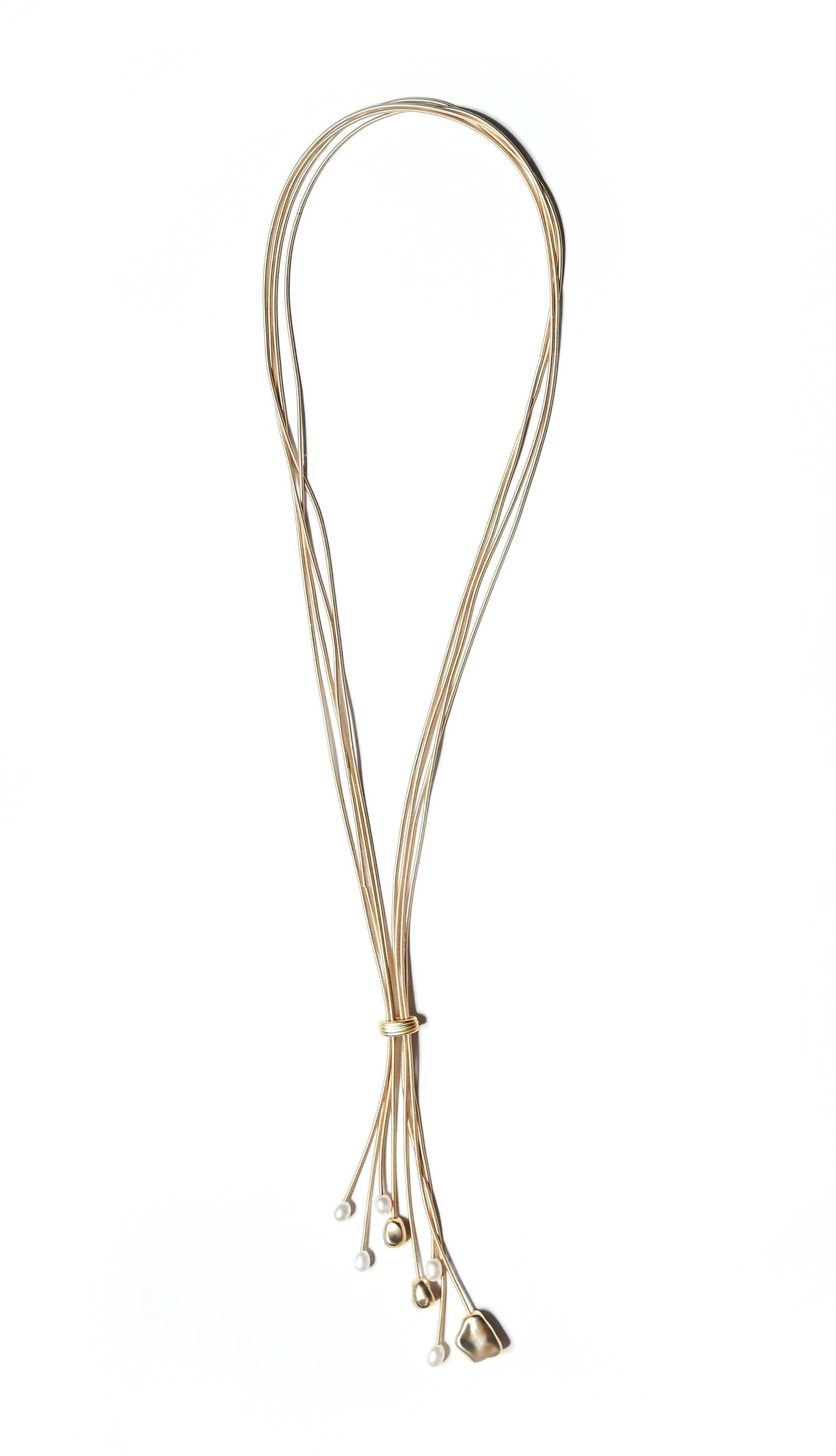 SH57-GOLD Gold 4 Strand Wire Lariat With Dangling Pearls And