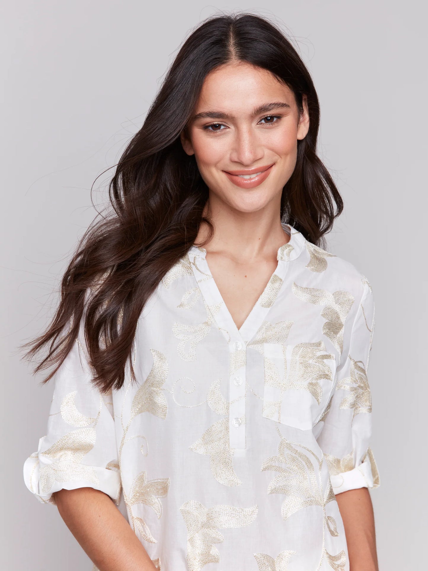 Charlie B Embroidered 3/4 Sleeve Blouse Gold