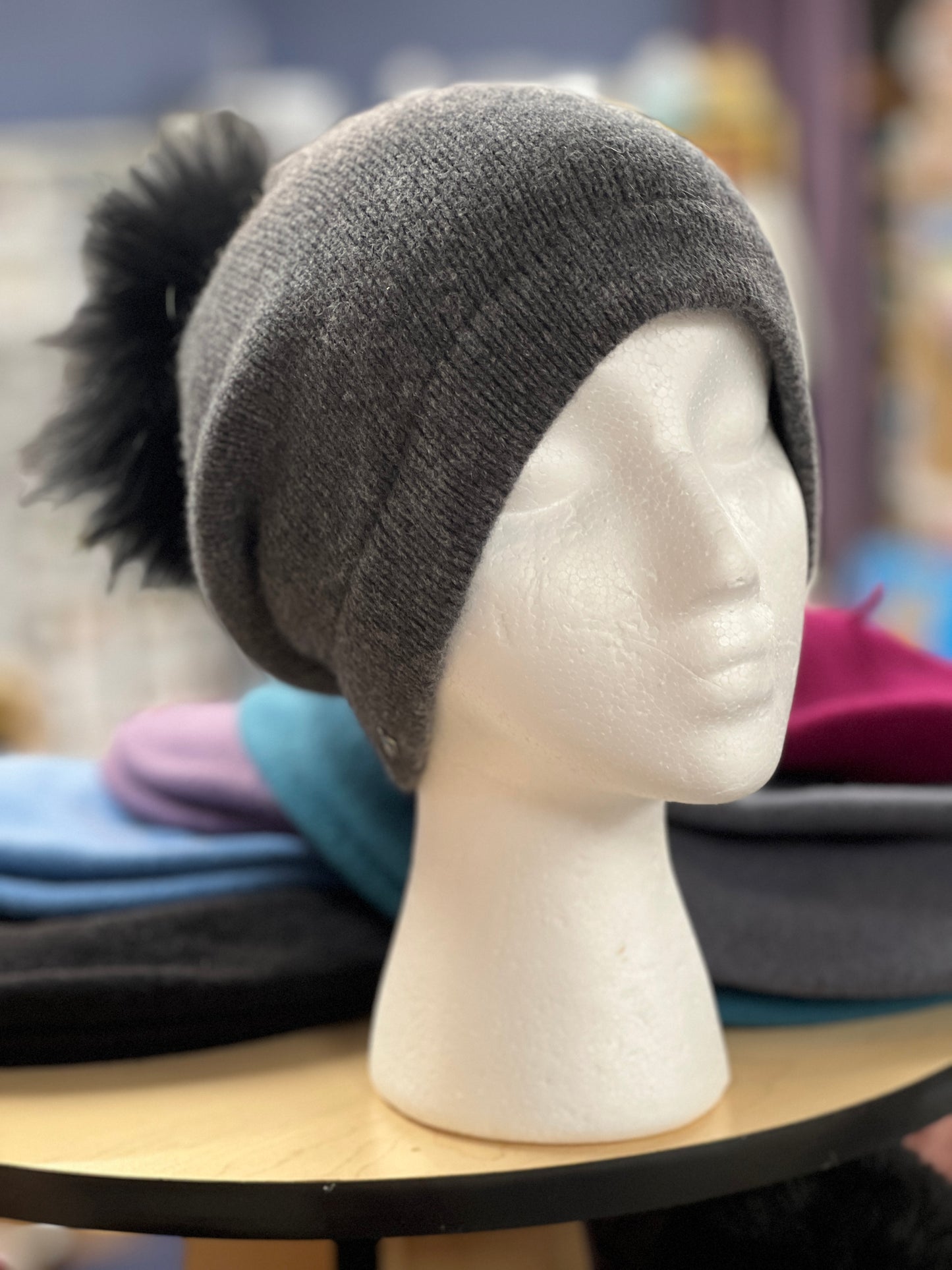Frost Raccoon Cashmere Pom Pom Hat