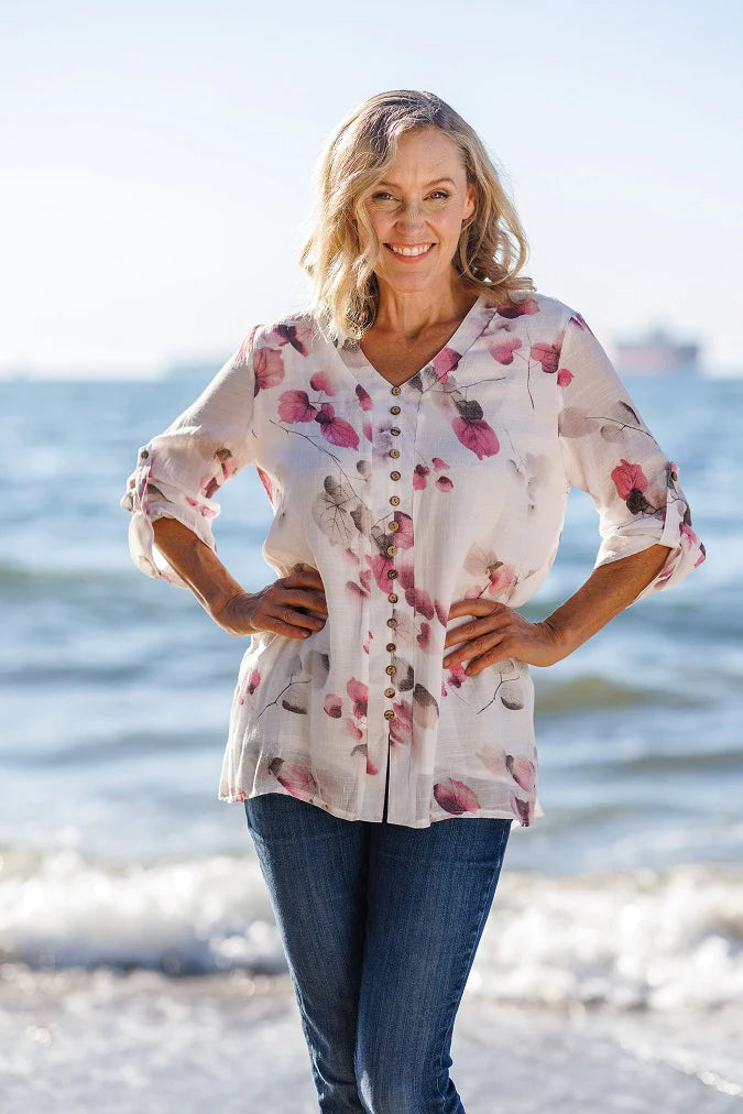 Papillon White and Pink Floral Blouse