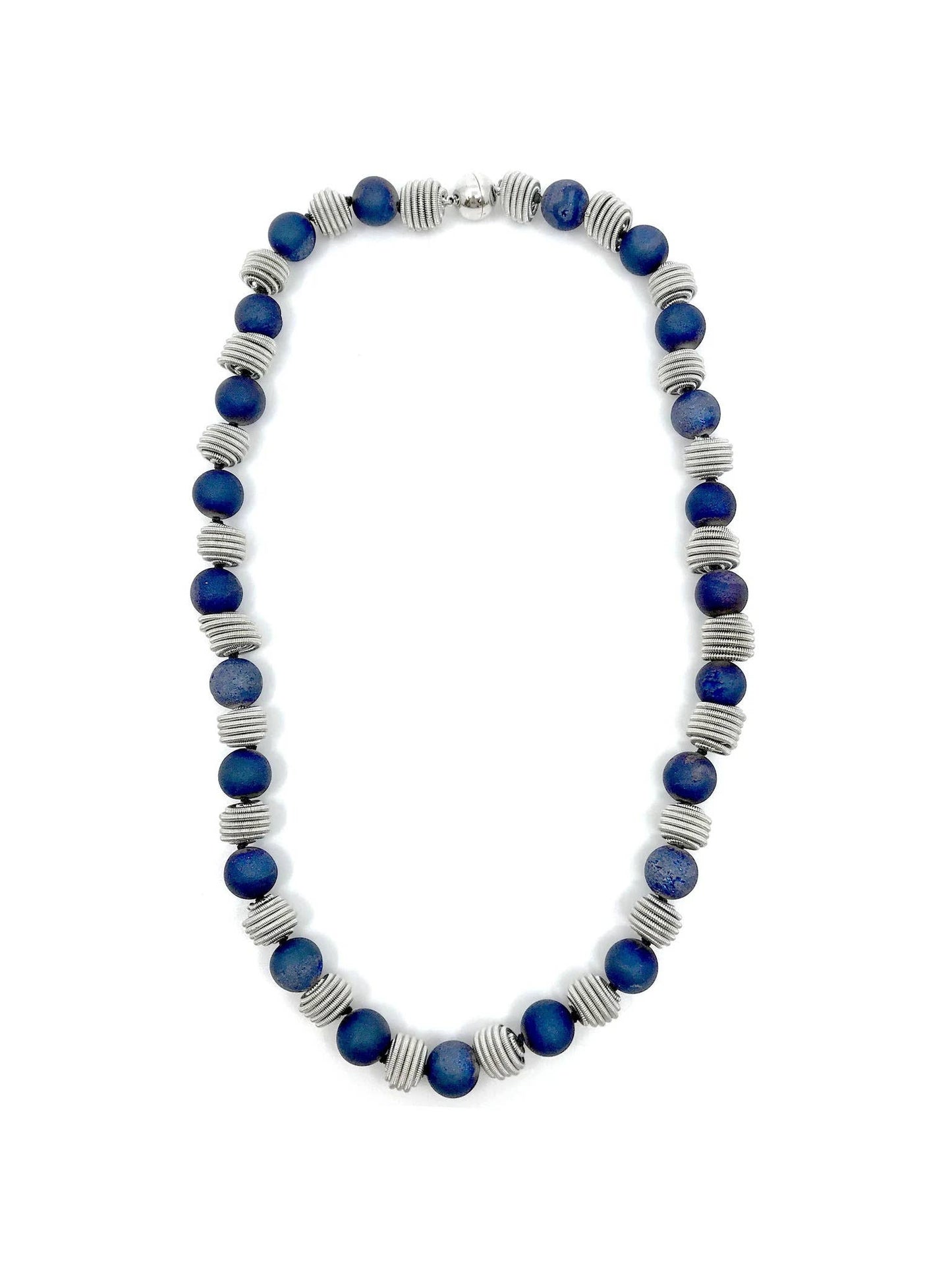 Short Blue Geode Beaded Necklace with Silver Coil