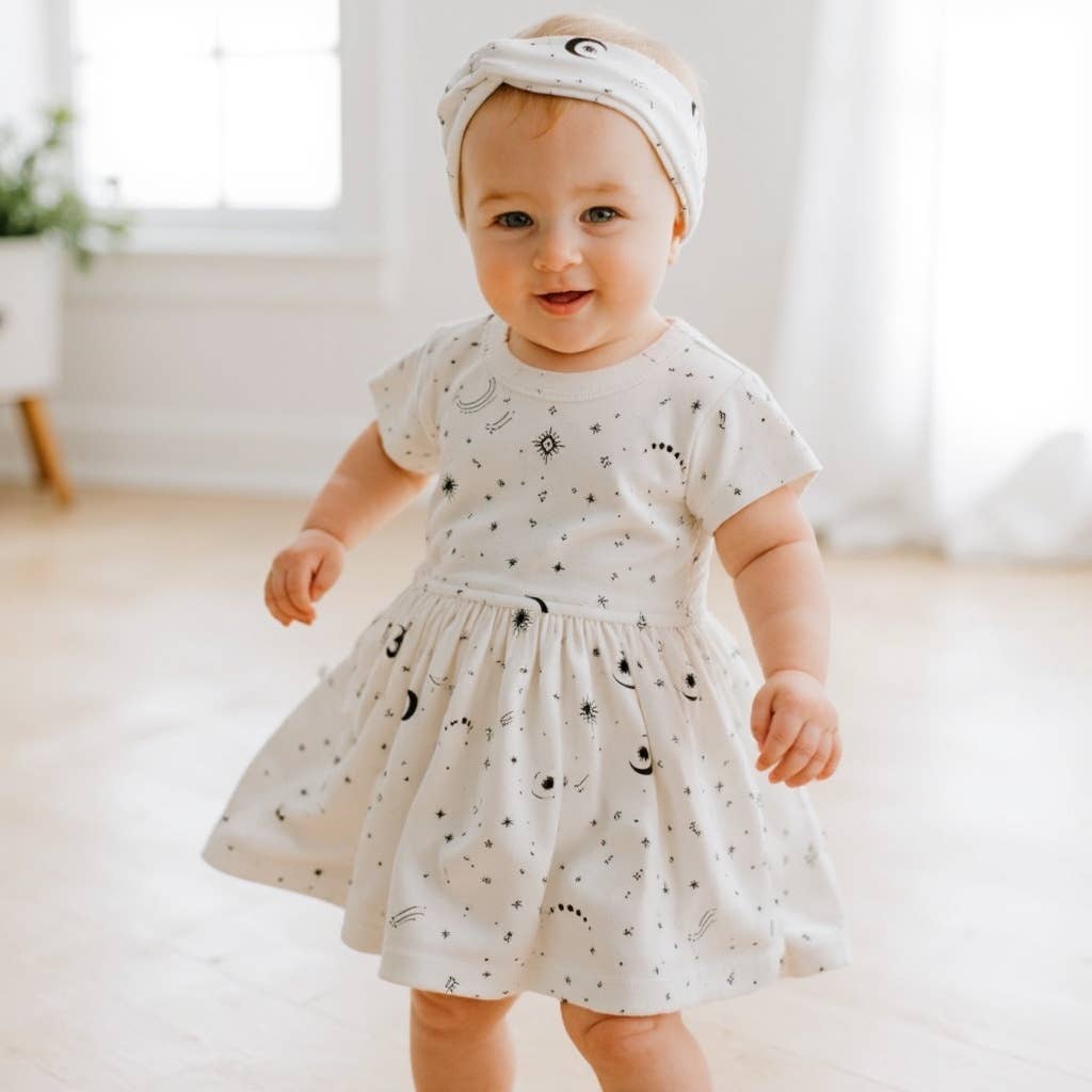Baby kid short sleeve organic twirl dress | celestial stars