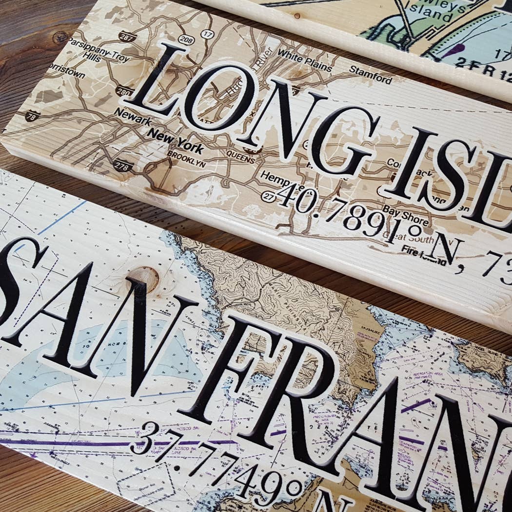 5x24 Wood Map Coordinate Sign SAILBOAT- CUSTOM LOCATION