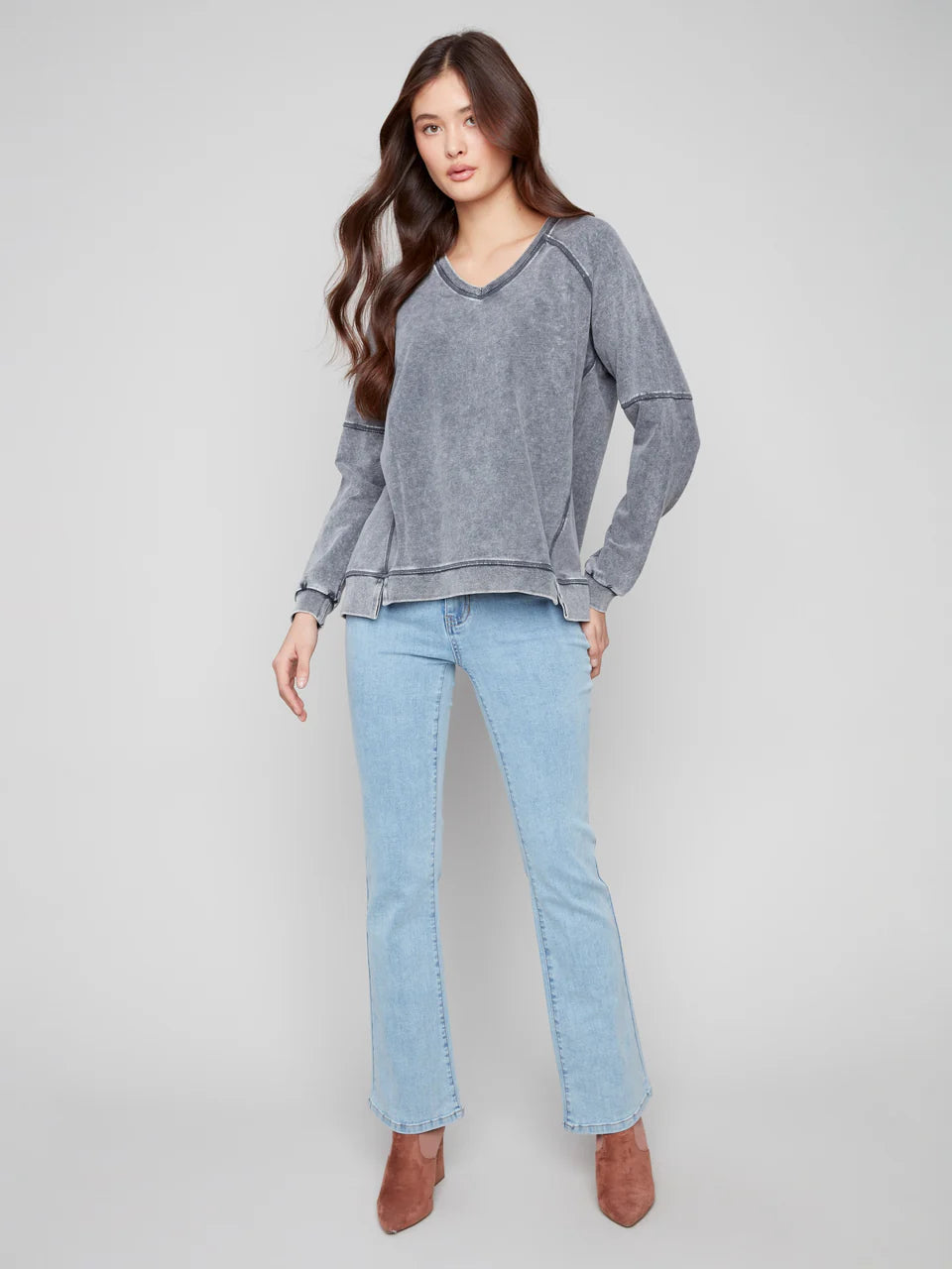 Charlie B Charcoal V Neck French Terry Top