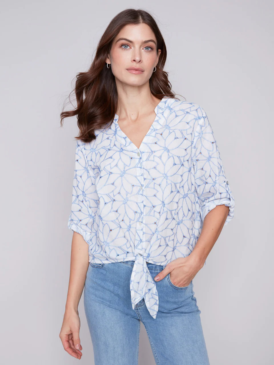 Charlie B Flower Embroidery Blouse