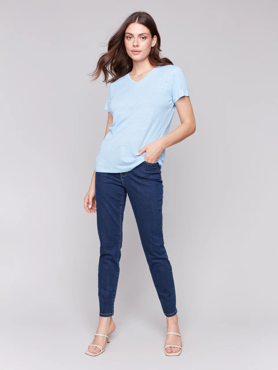 Charlie B V Neck Linen Tee