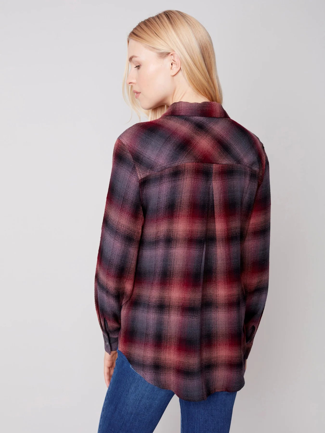 Charlie B Plaid Blouse in Port