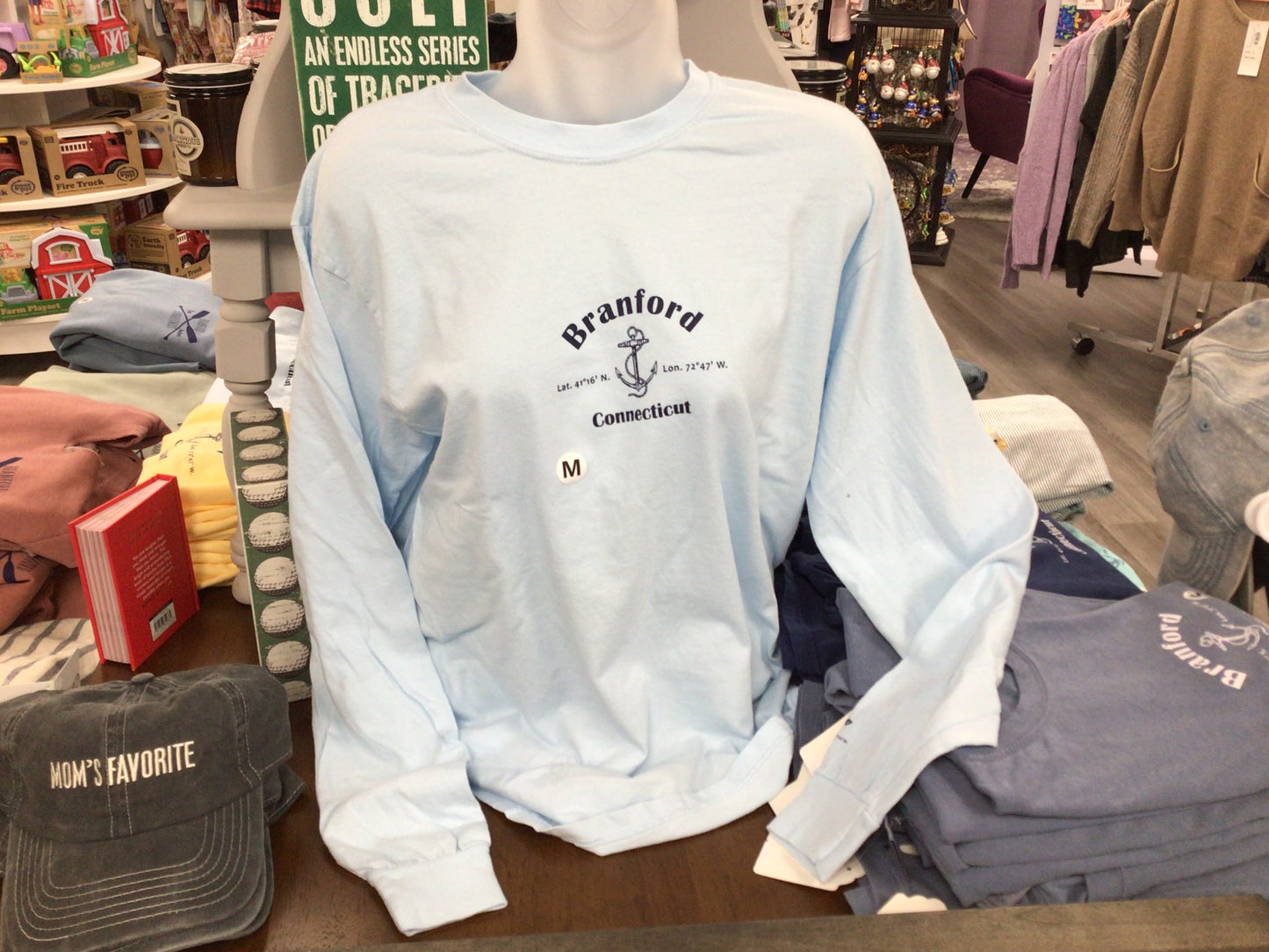 Branford Long Sleeve Longitude and Latitude Tee Shirts 100% Comfort white color T-shirt. Soft and cozy for a cool breezy evening or just throw over your bathing suit as a beach coverup.