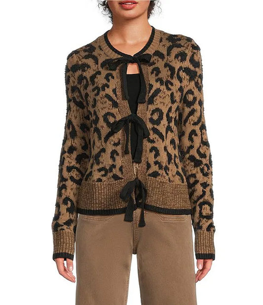 Charlie B Bow Tie Animal Print Cardigan