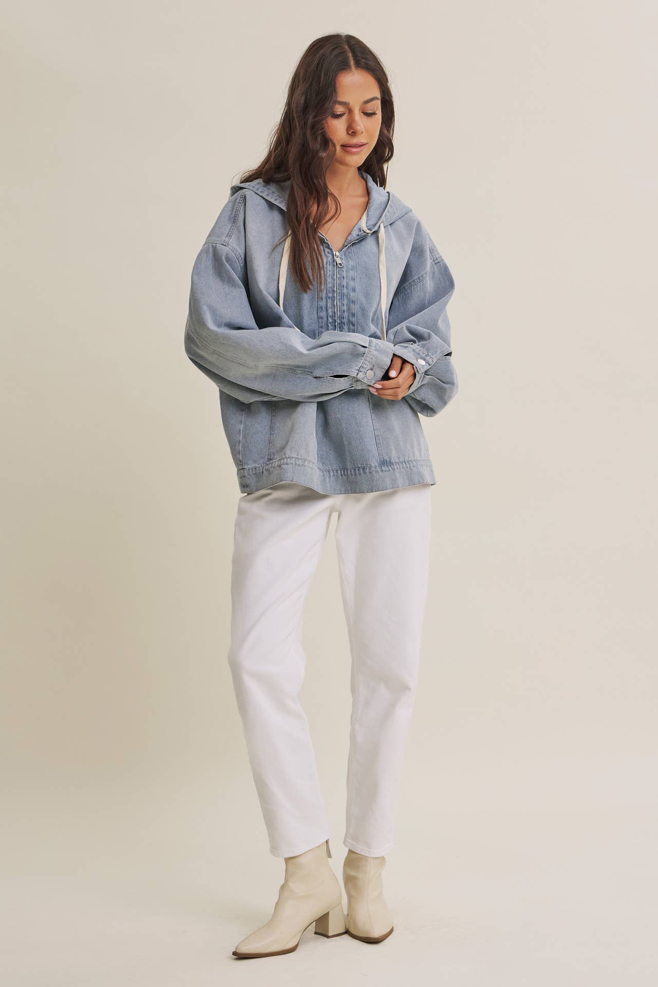 CRAVING COMFORT MINERAL-WASHED DENIM HOODED PULLOVER