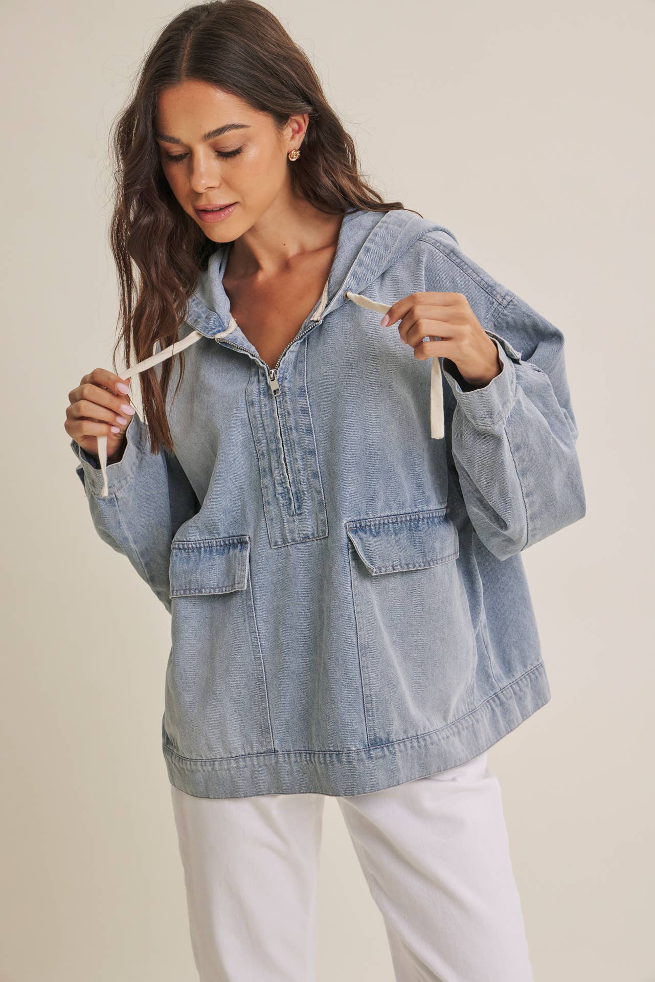 CRAVING COMFORT MINERAL-WASHED DENIM HOODED PULLOVER