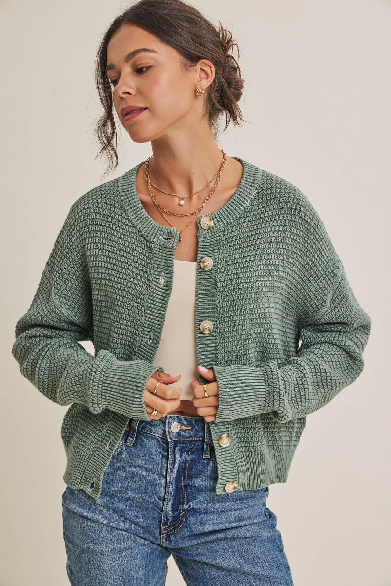 SEASONLESS MINERAL-WASHED COTTON WAFFLE BUTTON-DOWN CARDIGAN
