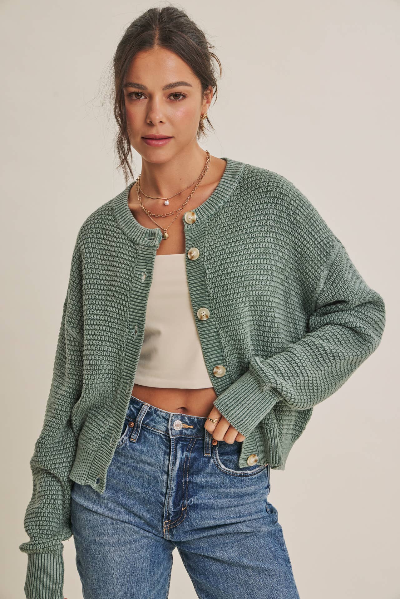 SEASONLESS MINERAL-WASHED COTTON WAFFLE BUTTON-DOWN CARDIGAN