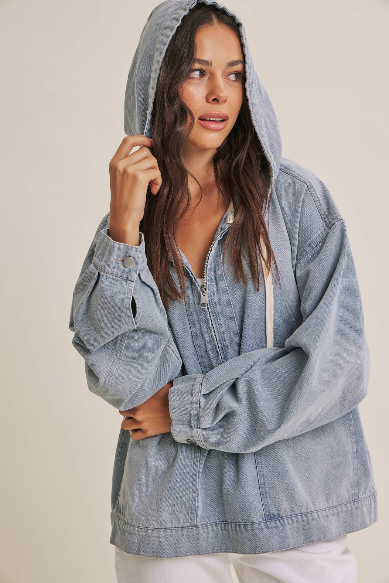 CRAVING COMFORT MINERAL-WASHED DENIM HOODED PULLOVER