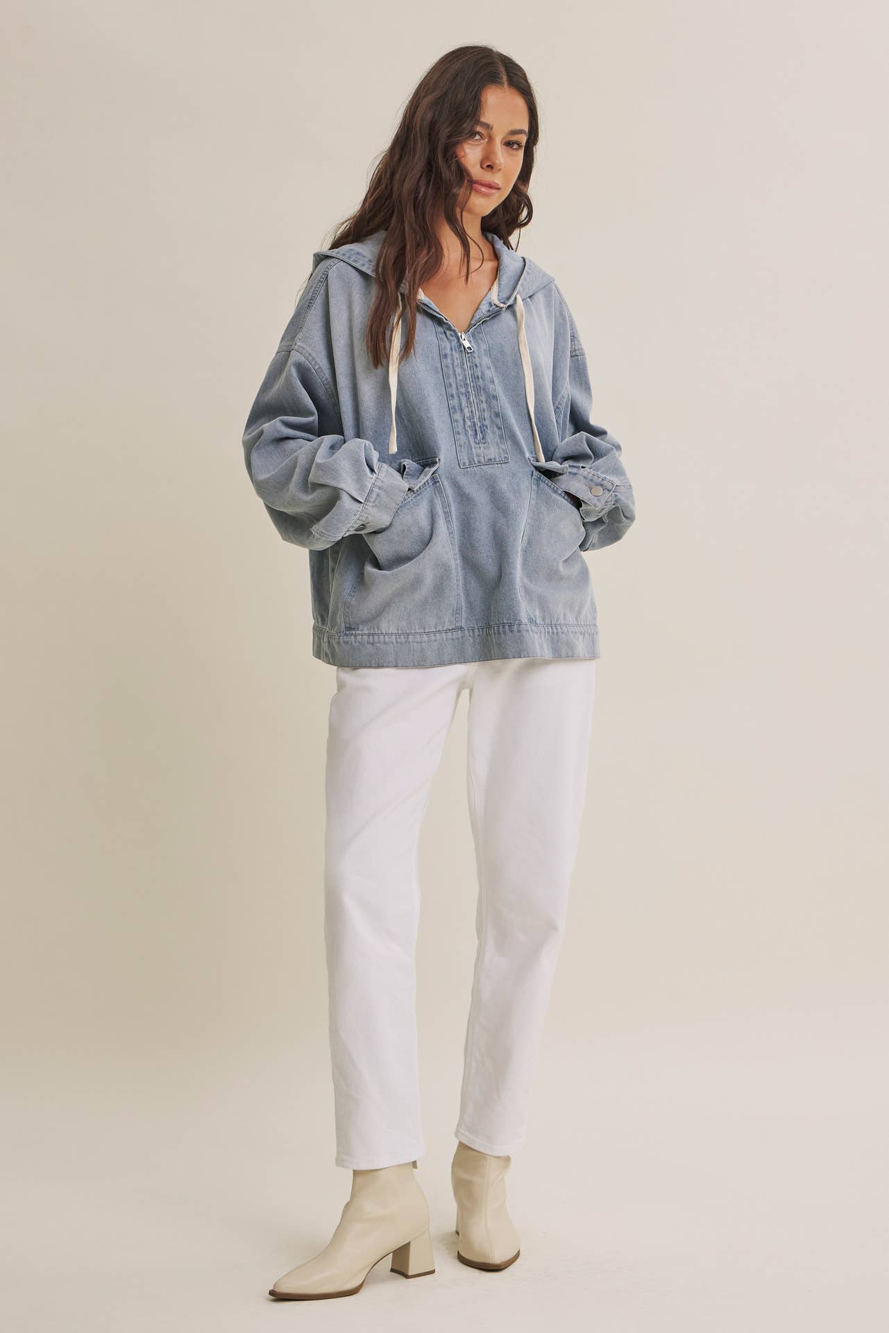 CRAVING COMFORT MINERAL-WASHED DENIM HOODED PULLOVER