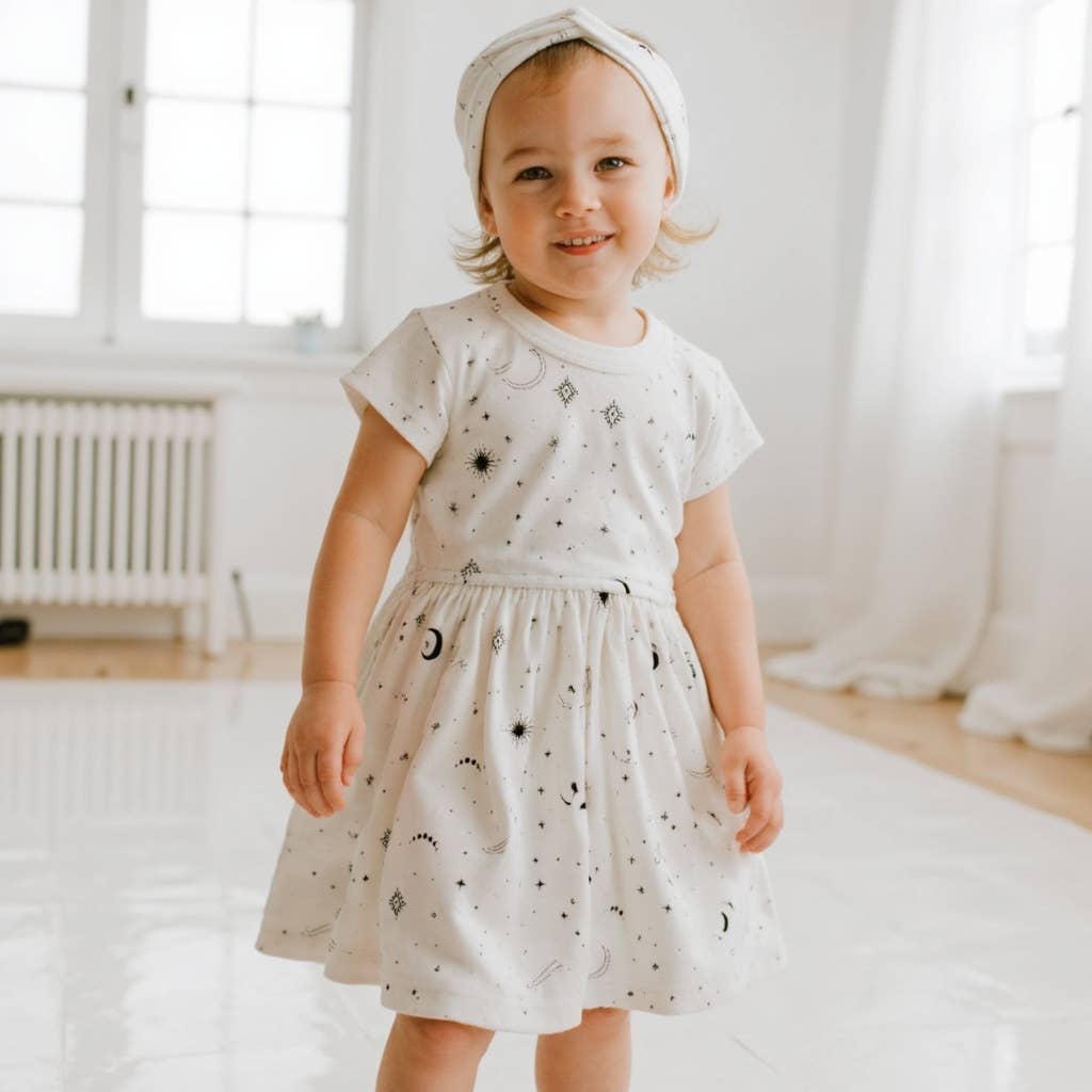 Baby kid short sleeve organic twirl dress | celestial stars