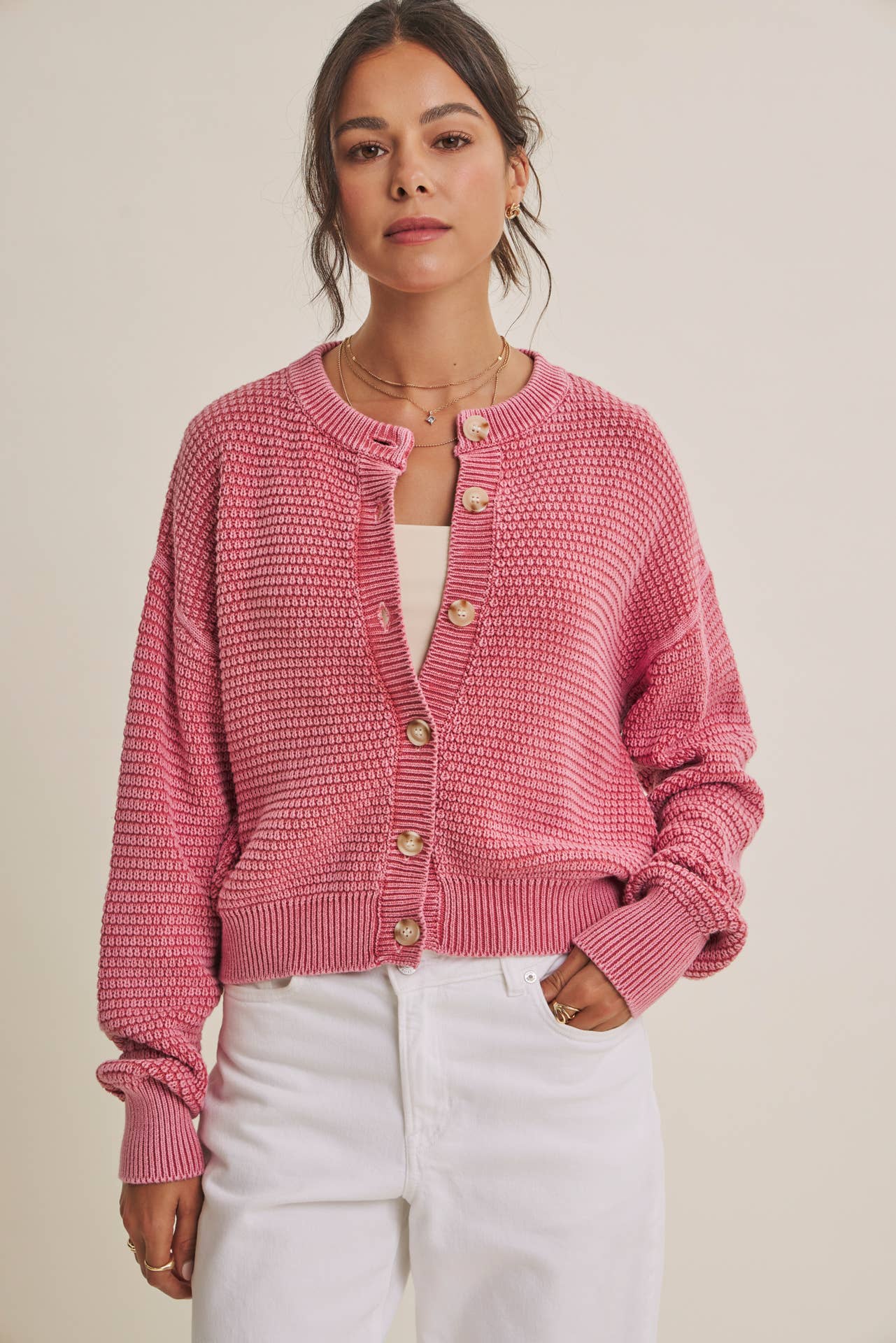SEASONLESS MINERAL-WASHED COTTON WAFFLE BUTTON-DOWN CARDIGAN