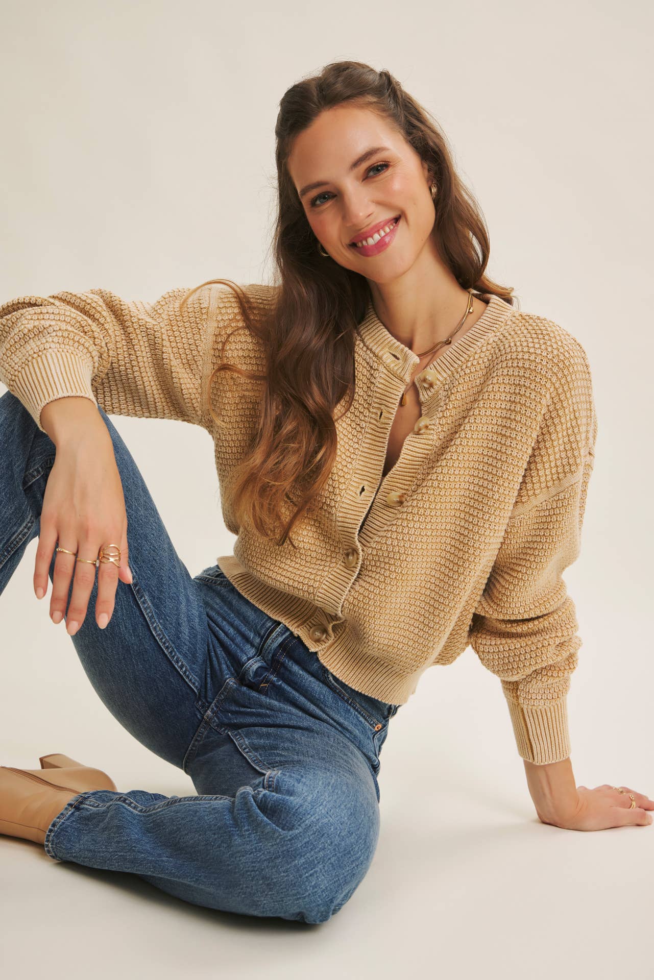 SEASONLESS MINERAL-WASHED COTTON WAFFLE BUTTON-DOWN CARDIGAN