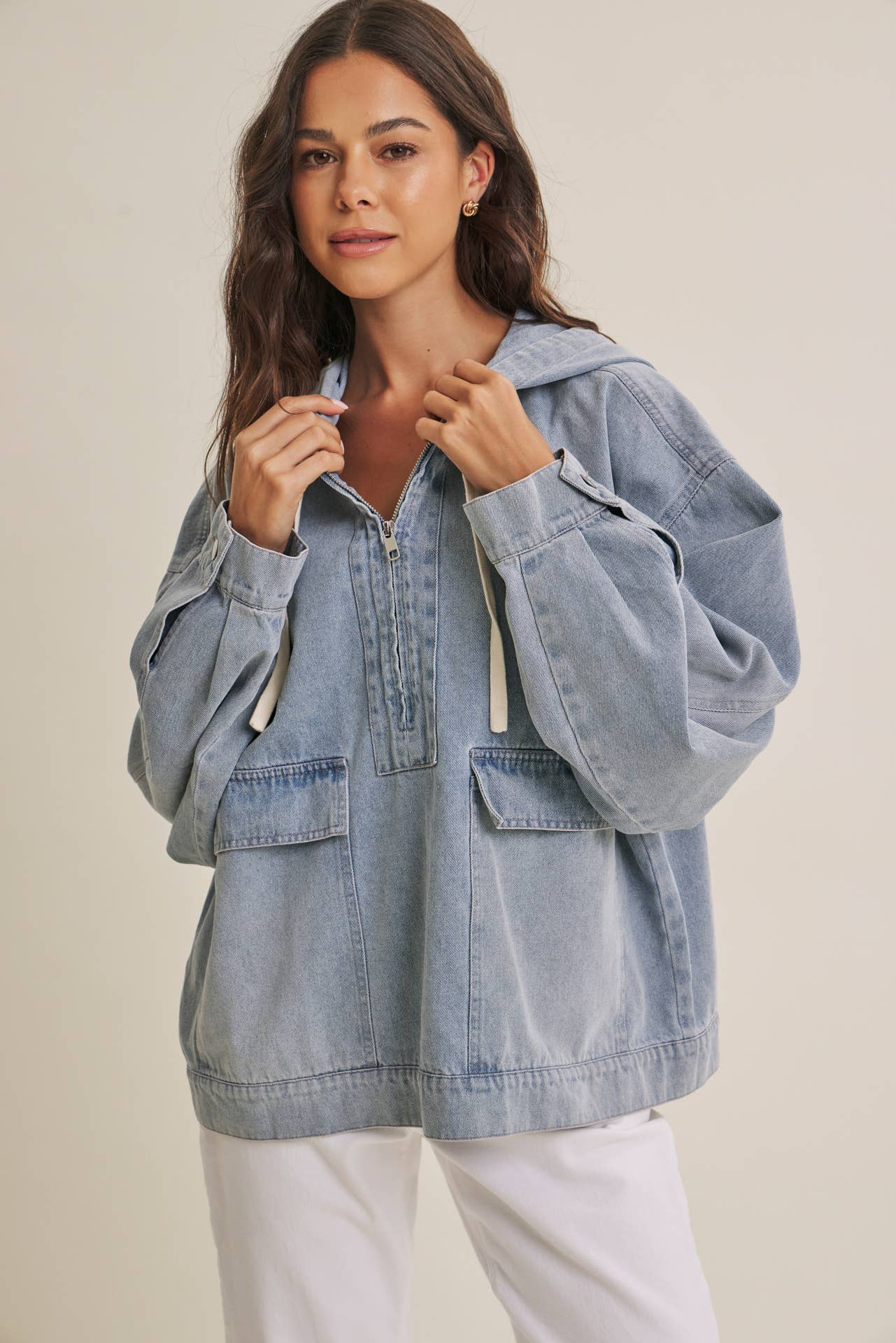 CRAVING COMFORT MINERAL-WASHED DENIM HOODED PULLOVER