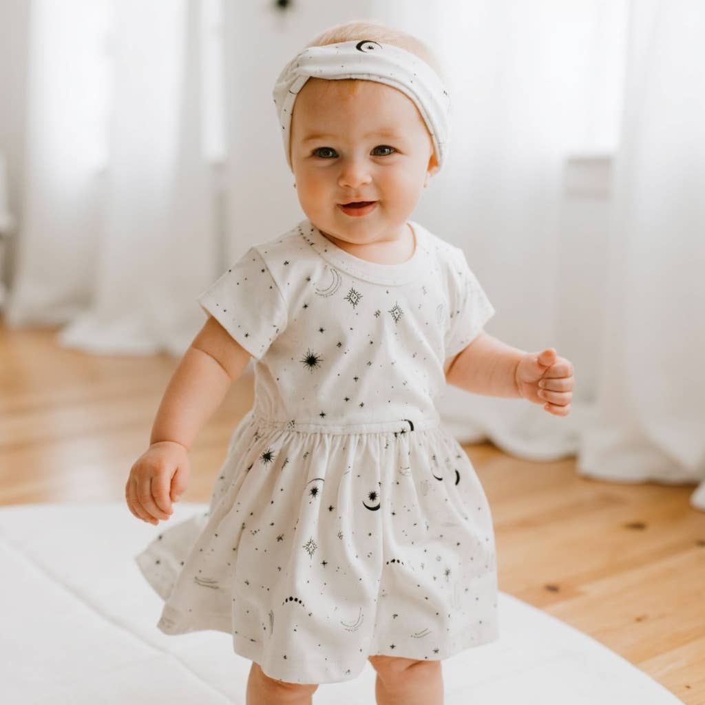 Baby kid short sleeve organic twirl dress | celestial stars
