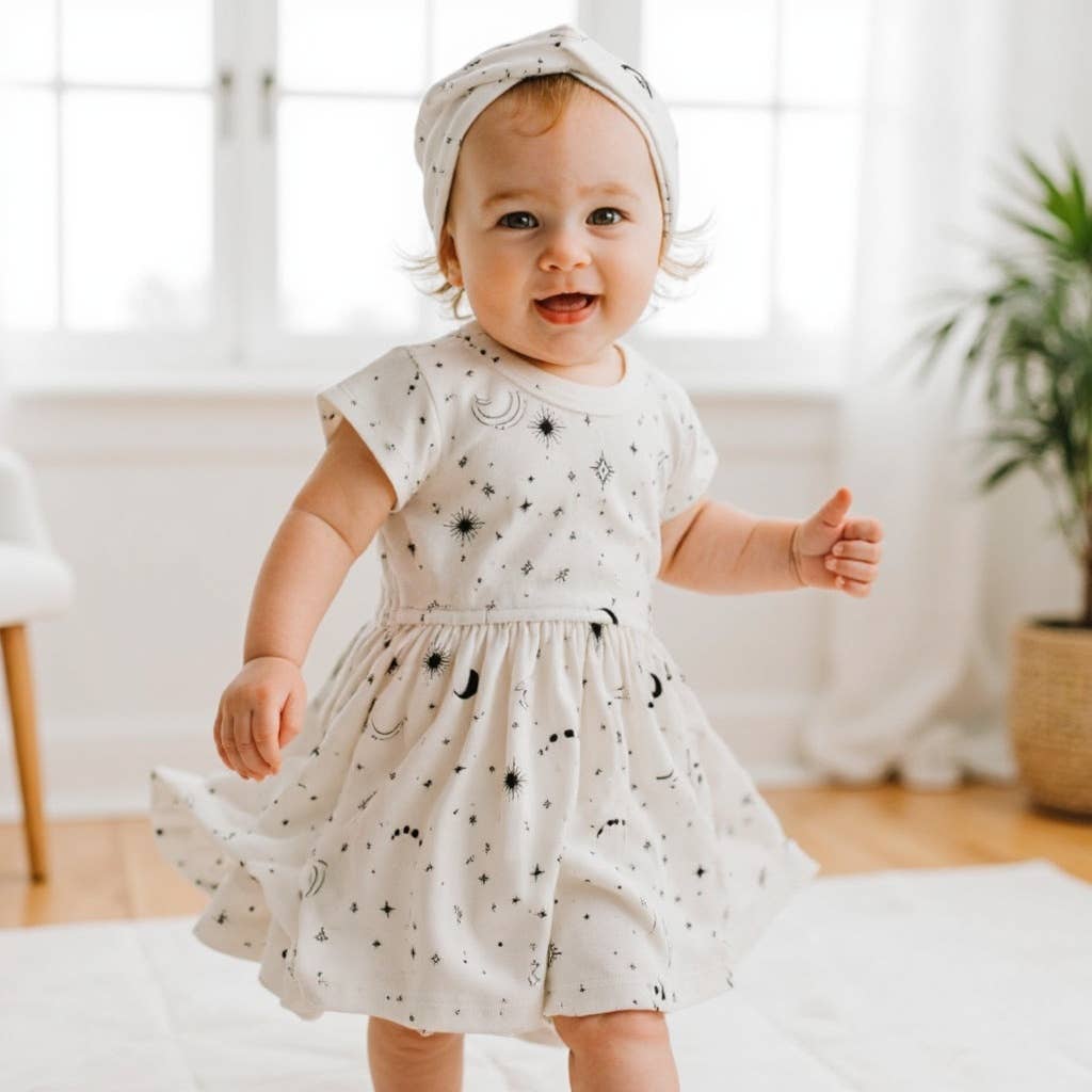 Baby kid short sleeve organic twirl dress | celestial stars