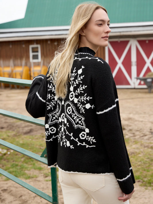 Charlie B Notched Neck Embroidered Sweater