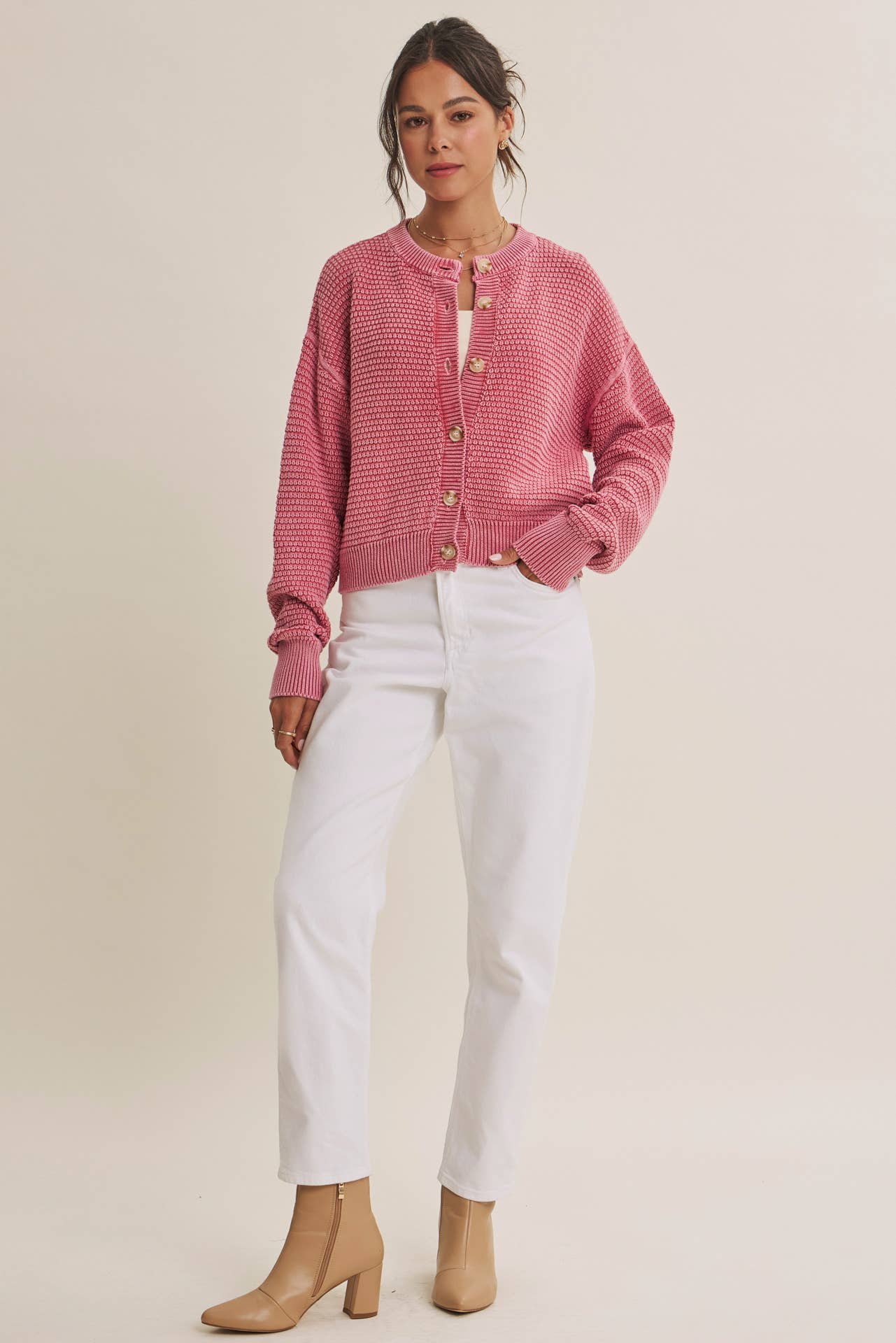 SEASONLESS MINERAL-WASHED COTTON WAFFLE BUTTON-DOWN CARDIGAN