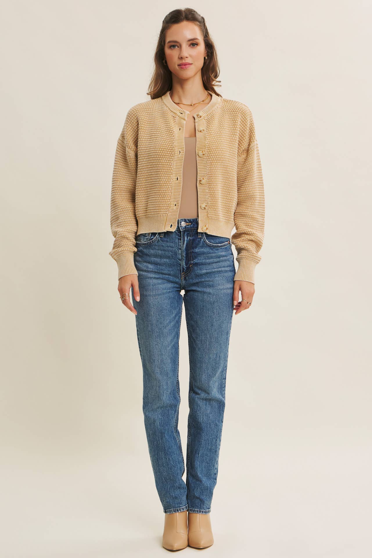 SEASONLESS MINERAL-WASHED COTTON WAFFLE BUTTON-DOWN CARDIGAN