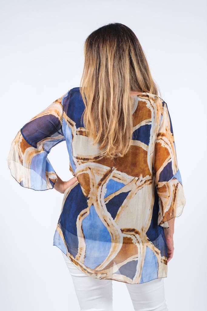 Martine Mosaic Flutter Sleeve Silk Blouse (BQ205M)
