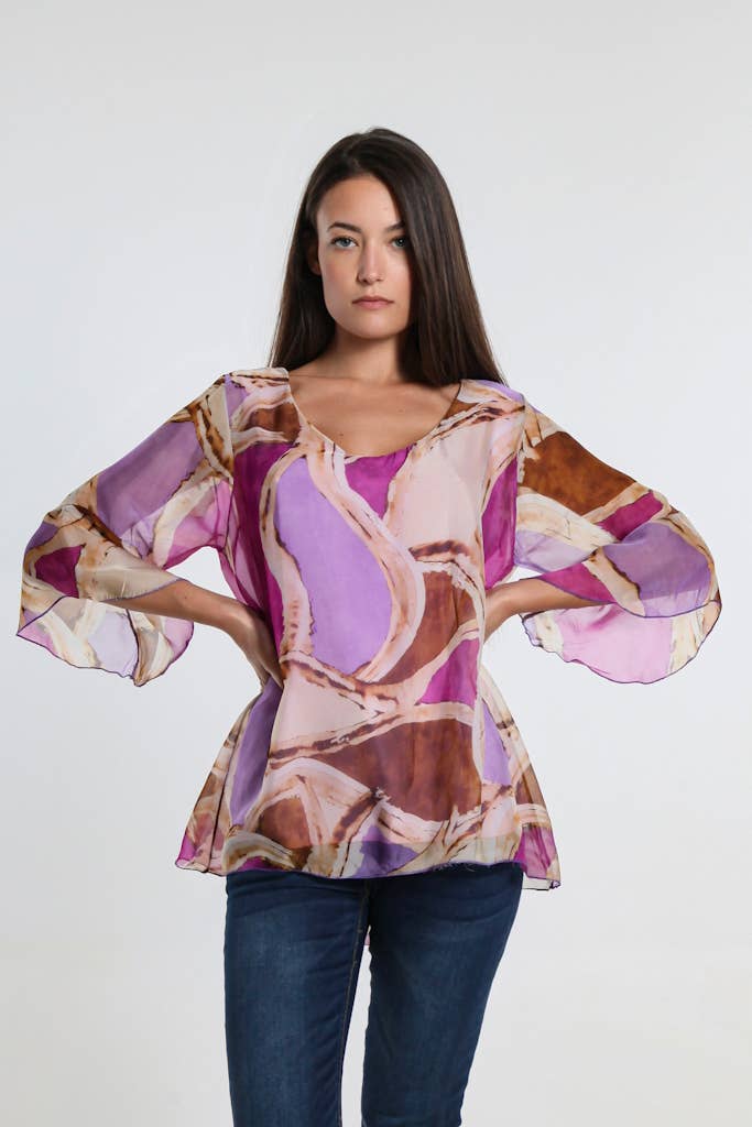 Martine Mosaic Flutter Sleeve Silk Blouse (BQ205M)