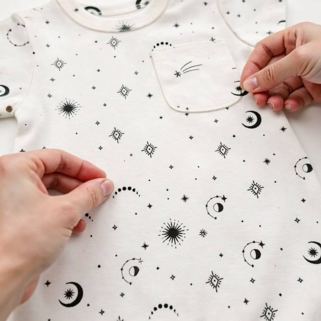 Baby kid organic short sleeve romper | celestial stars