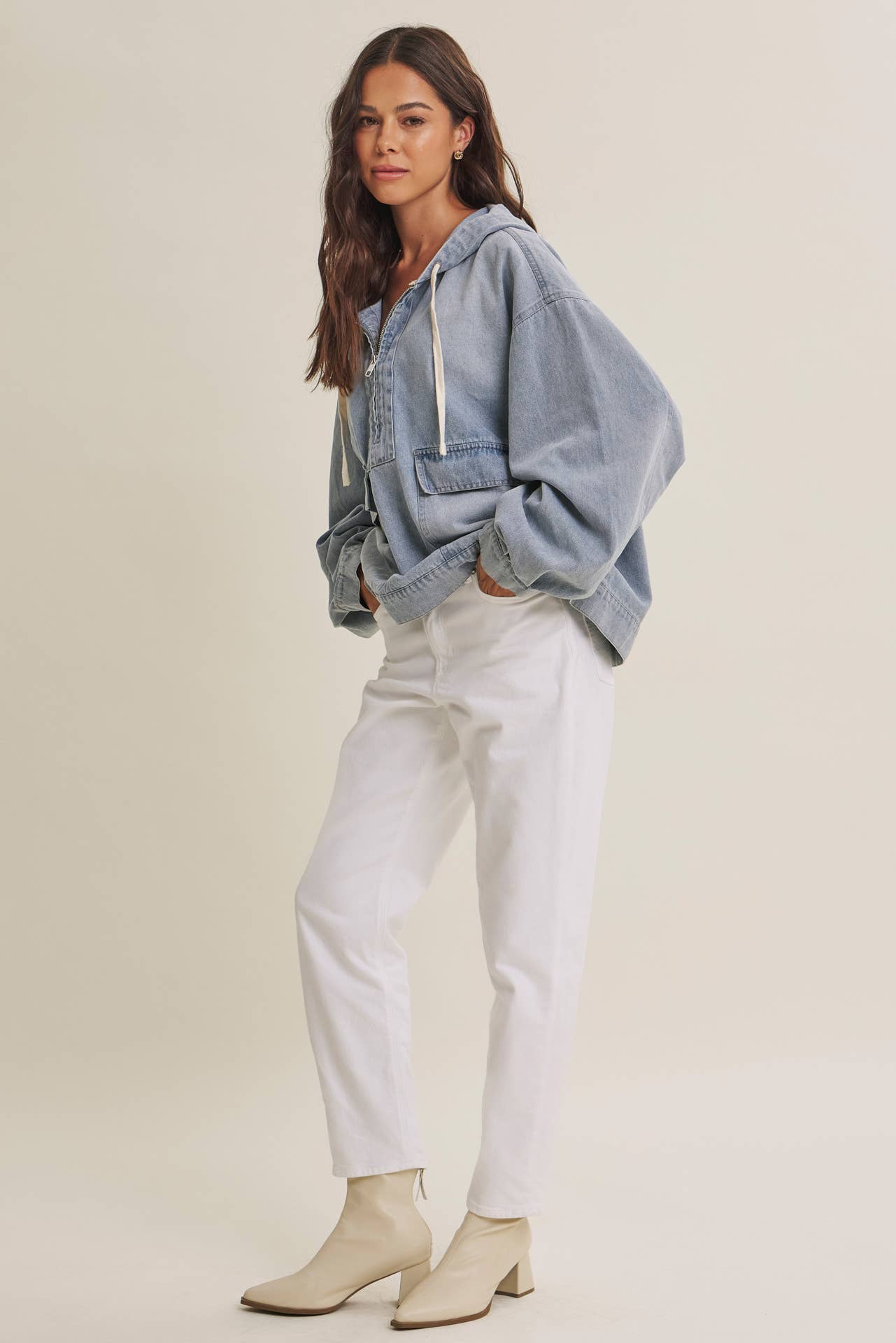 CRAVING COMFORT MINERAL-WASHED DENIM HOODED PULLOVER