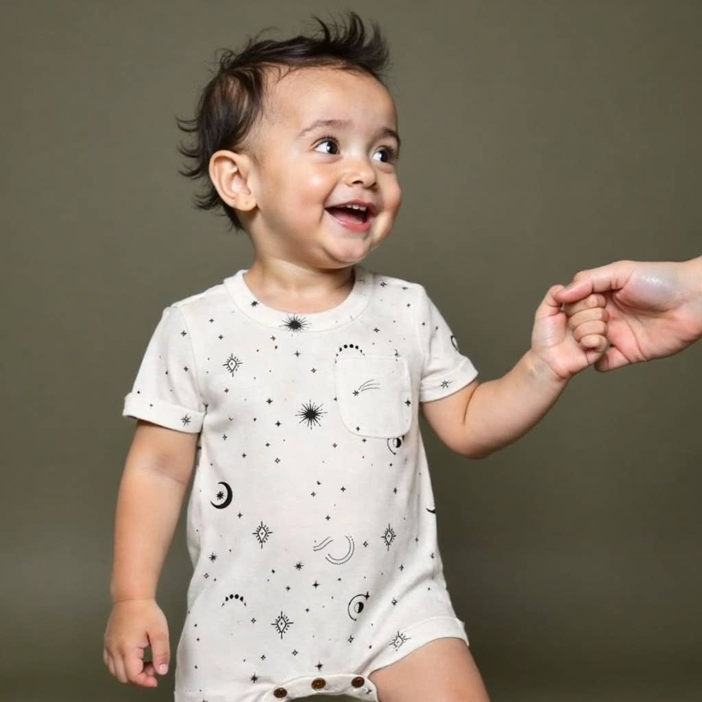 Baby kid organic short sleeve romper | celestial stars