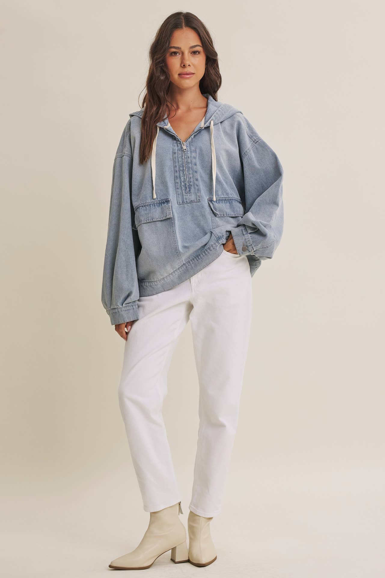 CRAVING COMFORT MINERAL-WASHED DENIM HOODED PULLOVER