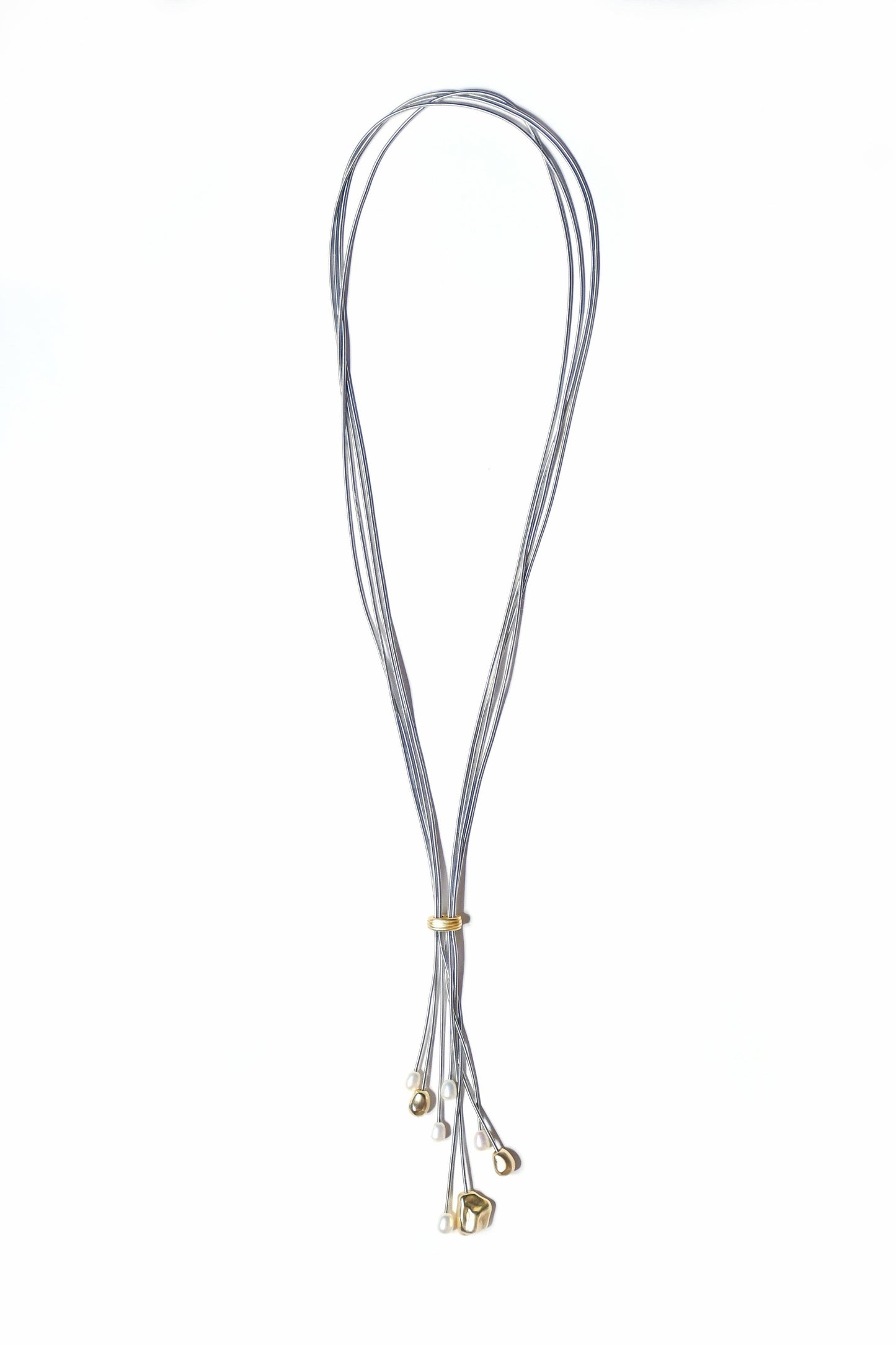 SH57-SILVER Silver 4 Strand Wire Lariat With Dangling Pearls