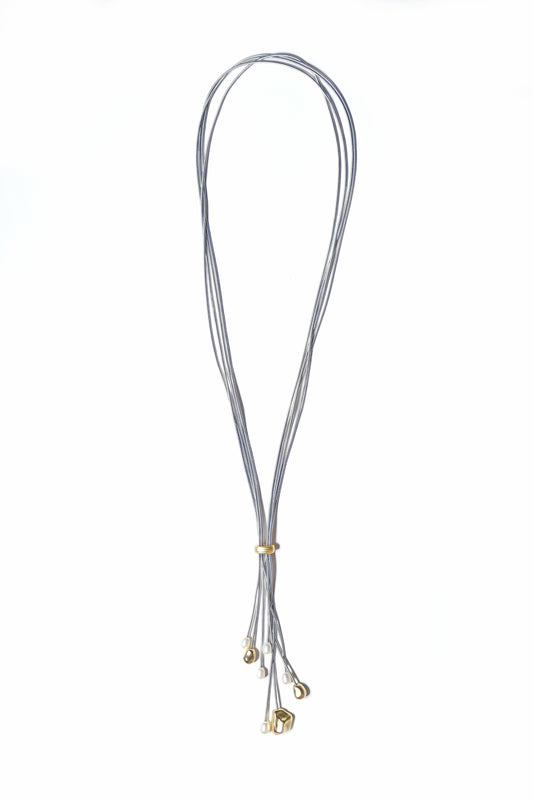SH57-SILVER Silver 4 Strand Wire Lariat With Dangling Pearls