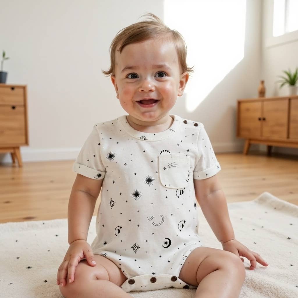 Baby kid organic short sleeve romper | celestial stars