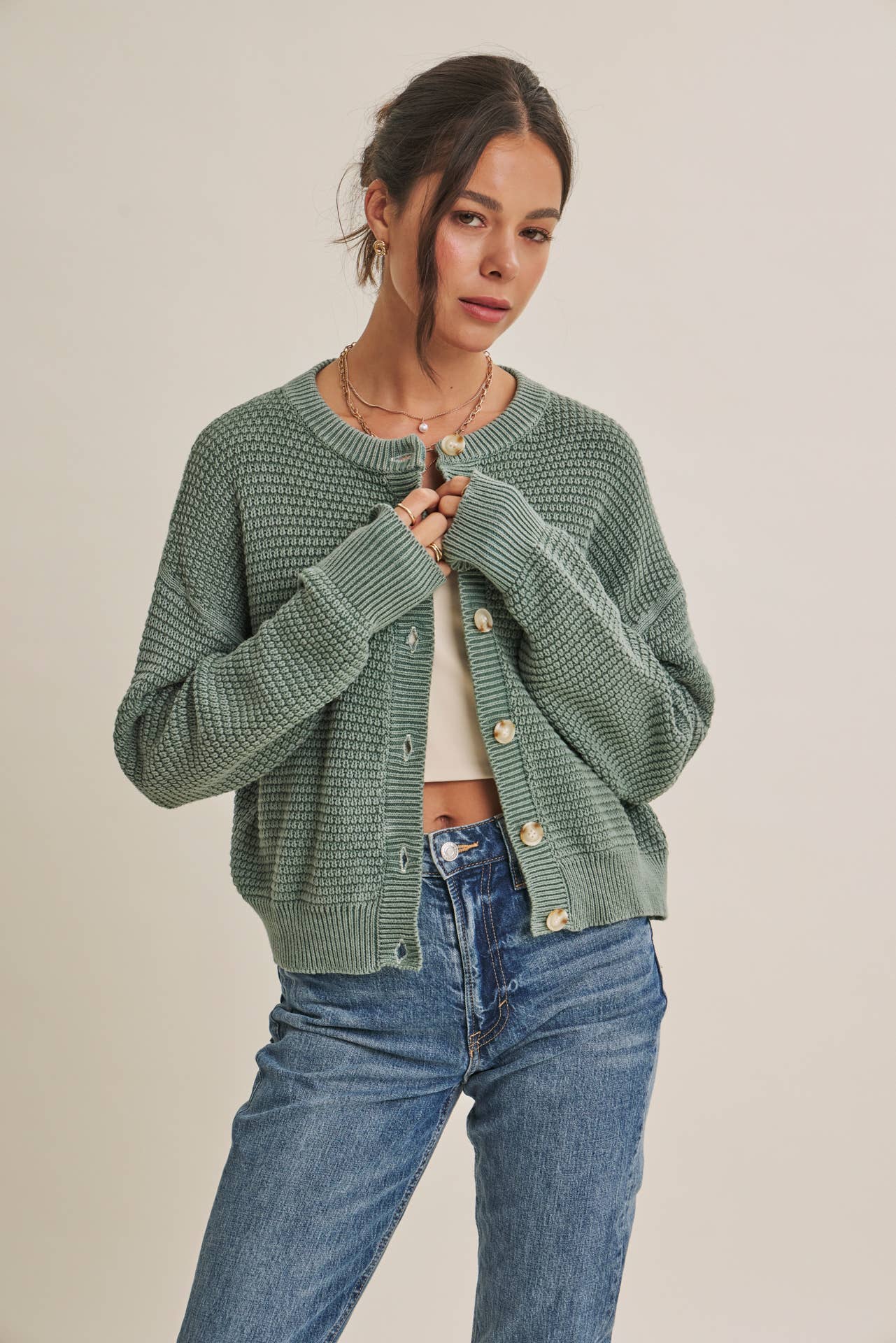 SEASONLESS MINERAL-WASHED COTTON WAFFLE BUTTON-DOWN CARDIGAN