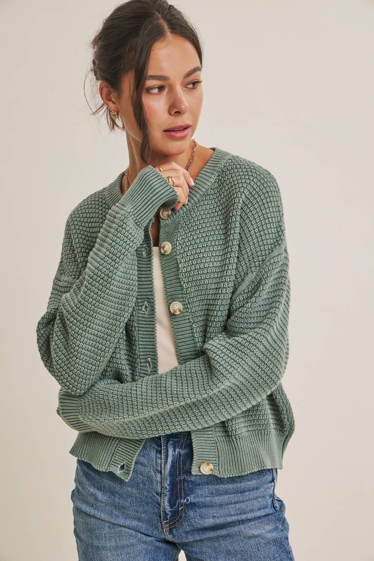SEASONLESS MINERAL-WASHED COTTON WAFFLE BUTTON-DOWN CARDIGAN
