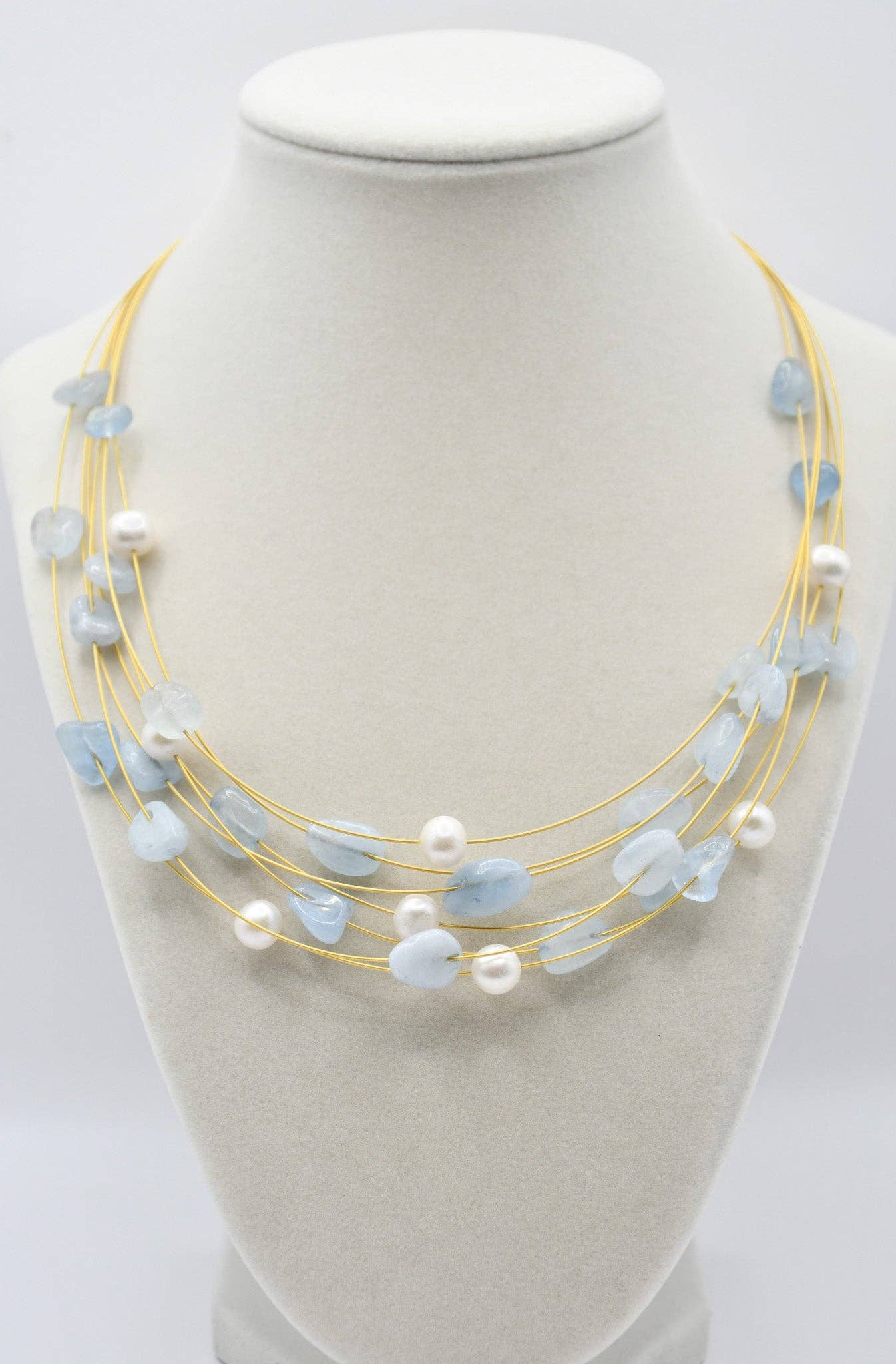 SH61A - Silver Tone Wire Necklace With Aquamarine And F.W. P