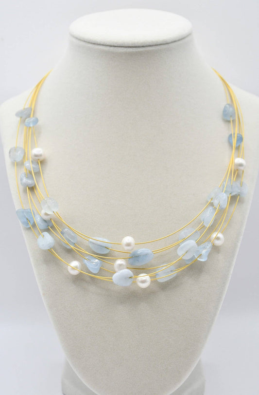 SH61A - Silver Tone Wire Necklace With Aquamarine And F.W. P