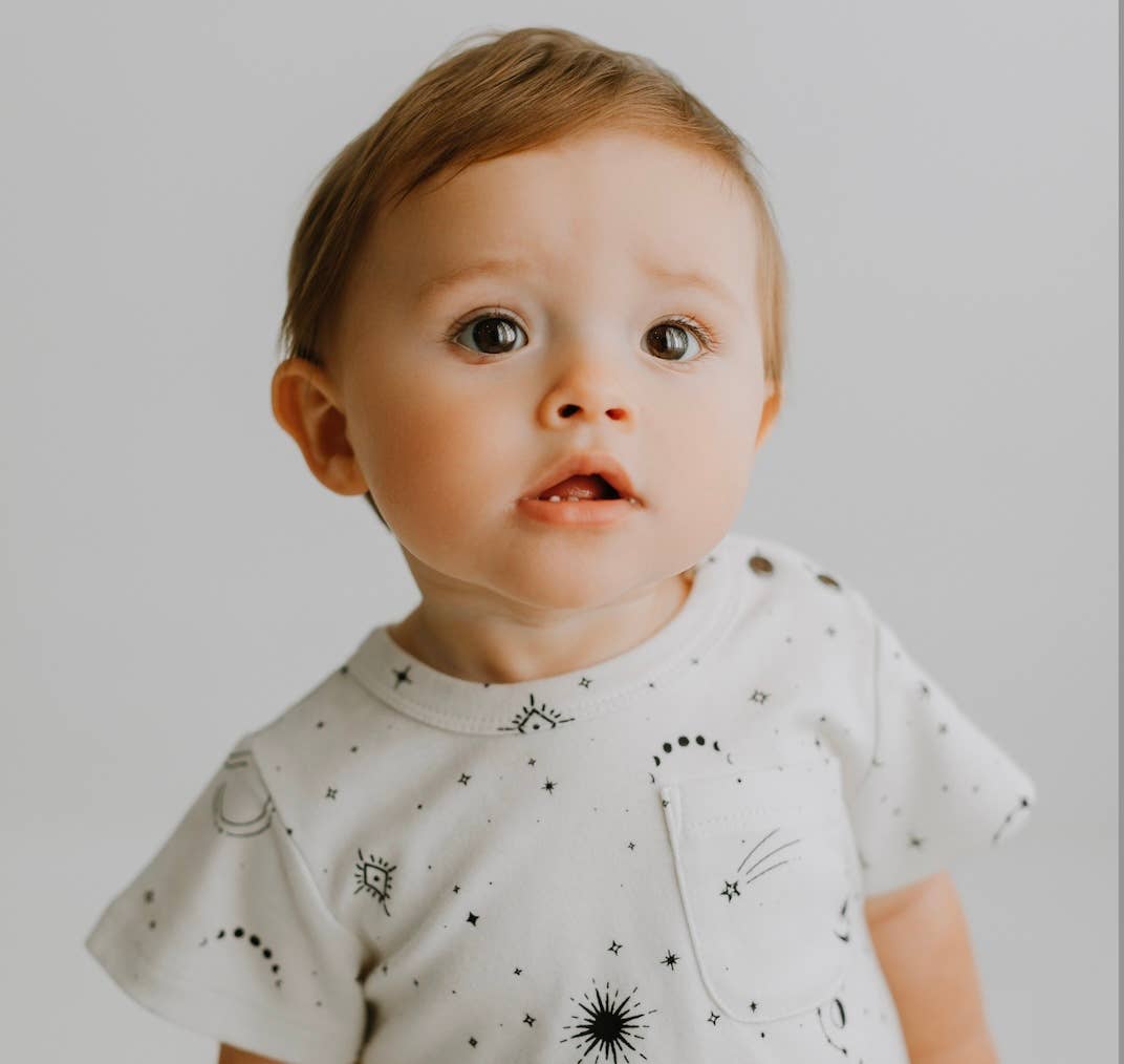 Baby kid organic short sleeve romper | celestial stars