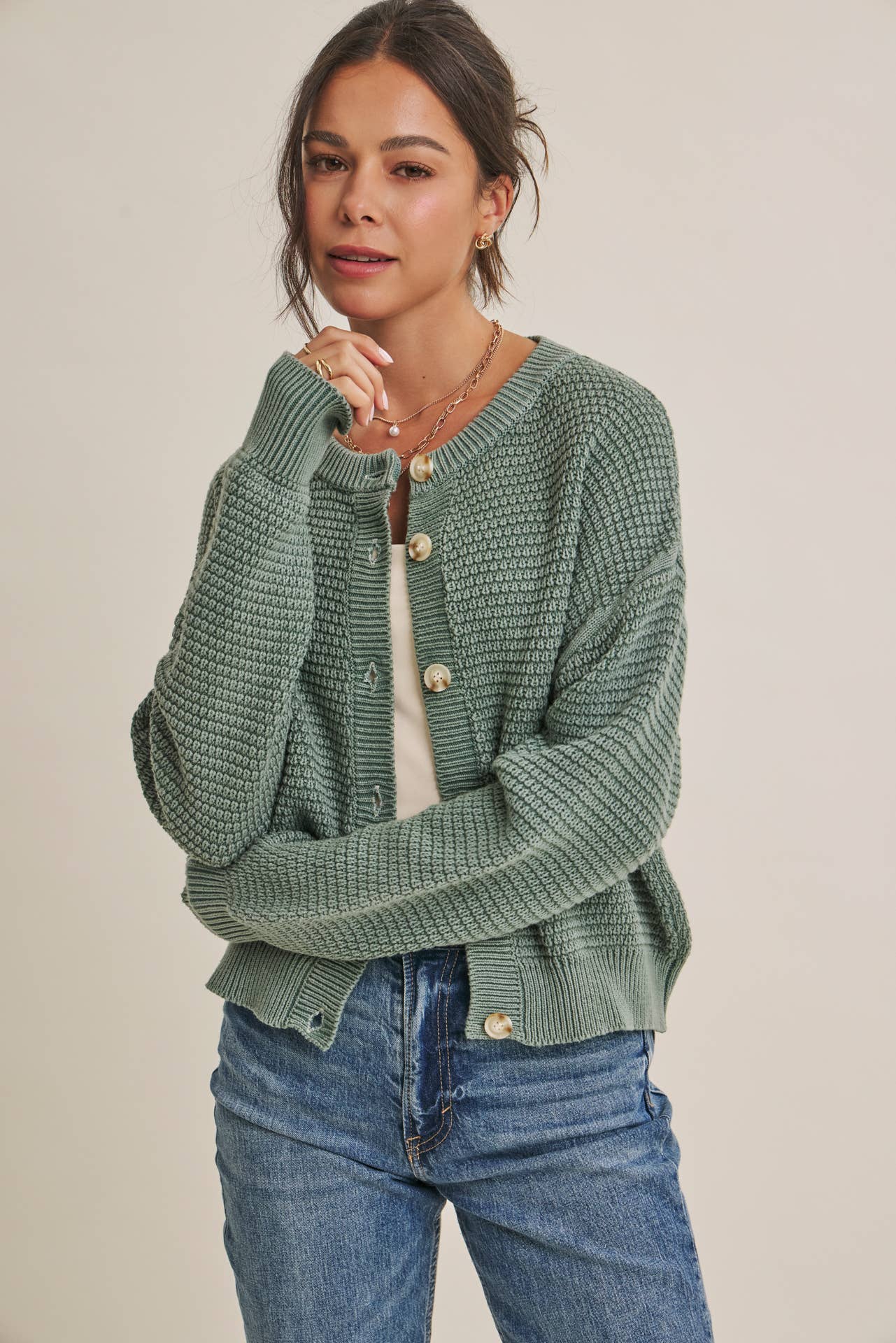 SEASONLESS MINERAL-WASHED COTTON WAFFLE BUTTON-DOWN CARDIGAN