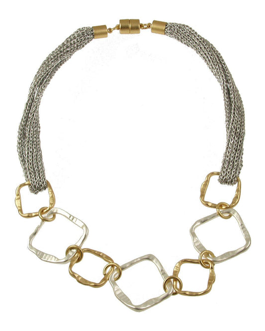 Contoured Square Necklace - Silver/Gold Squares, Mesh-Fabric