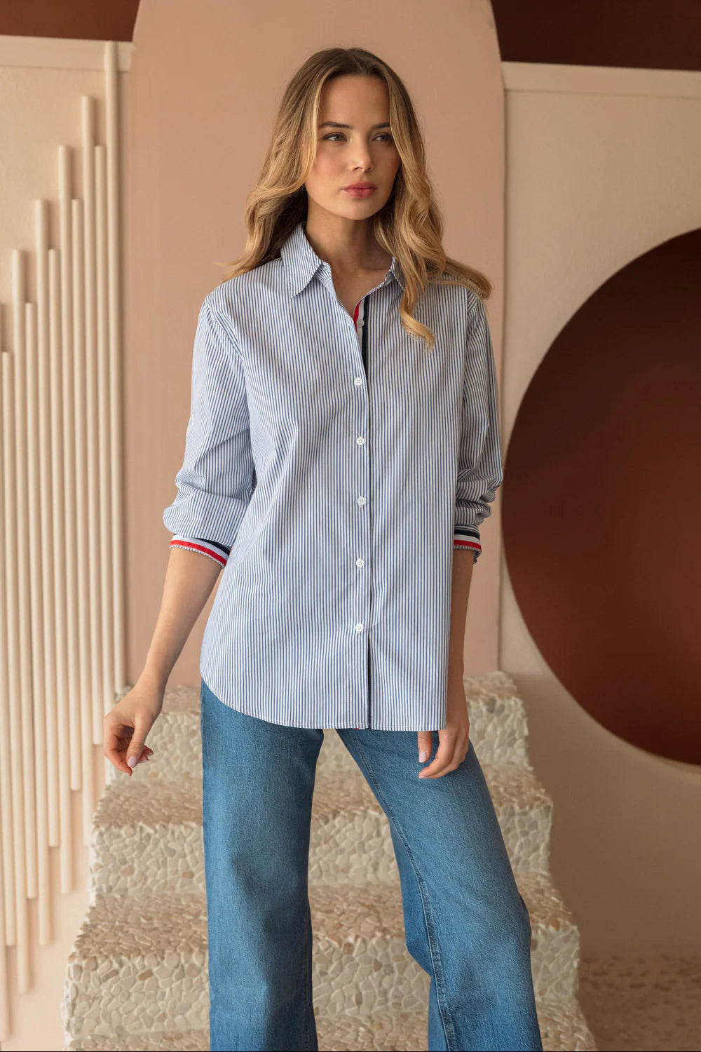 Joh Navy Striped Poplin Top