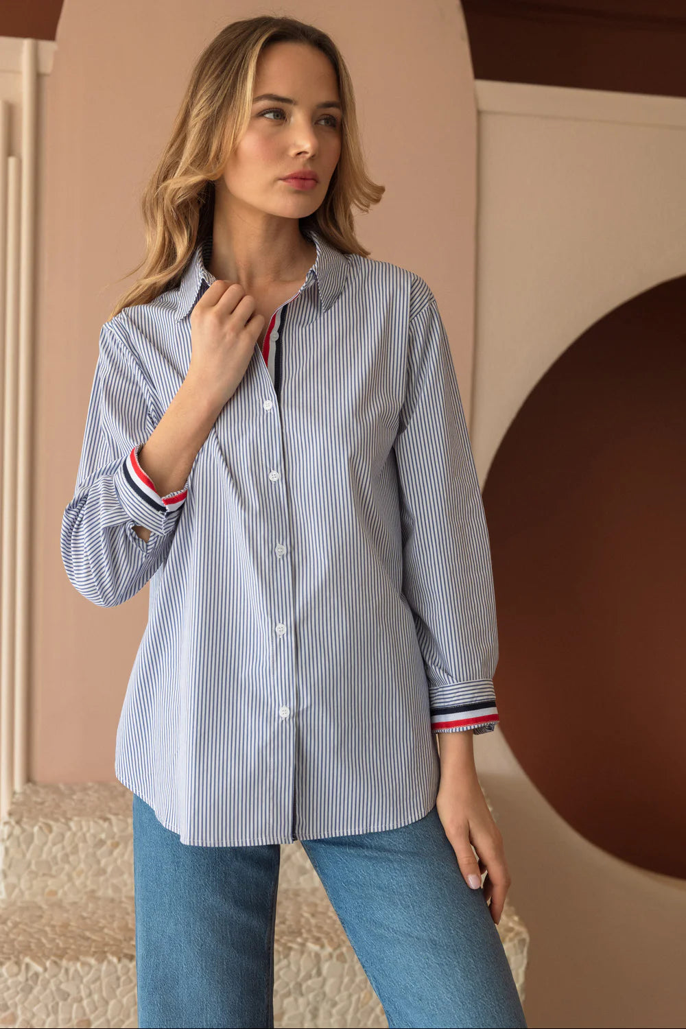 Joh Navy Striped Poplin Top