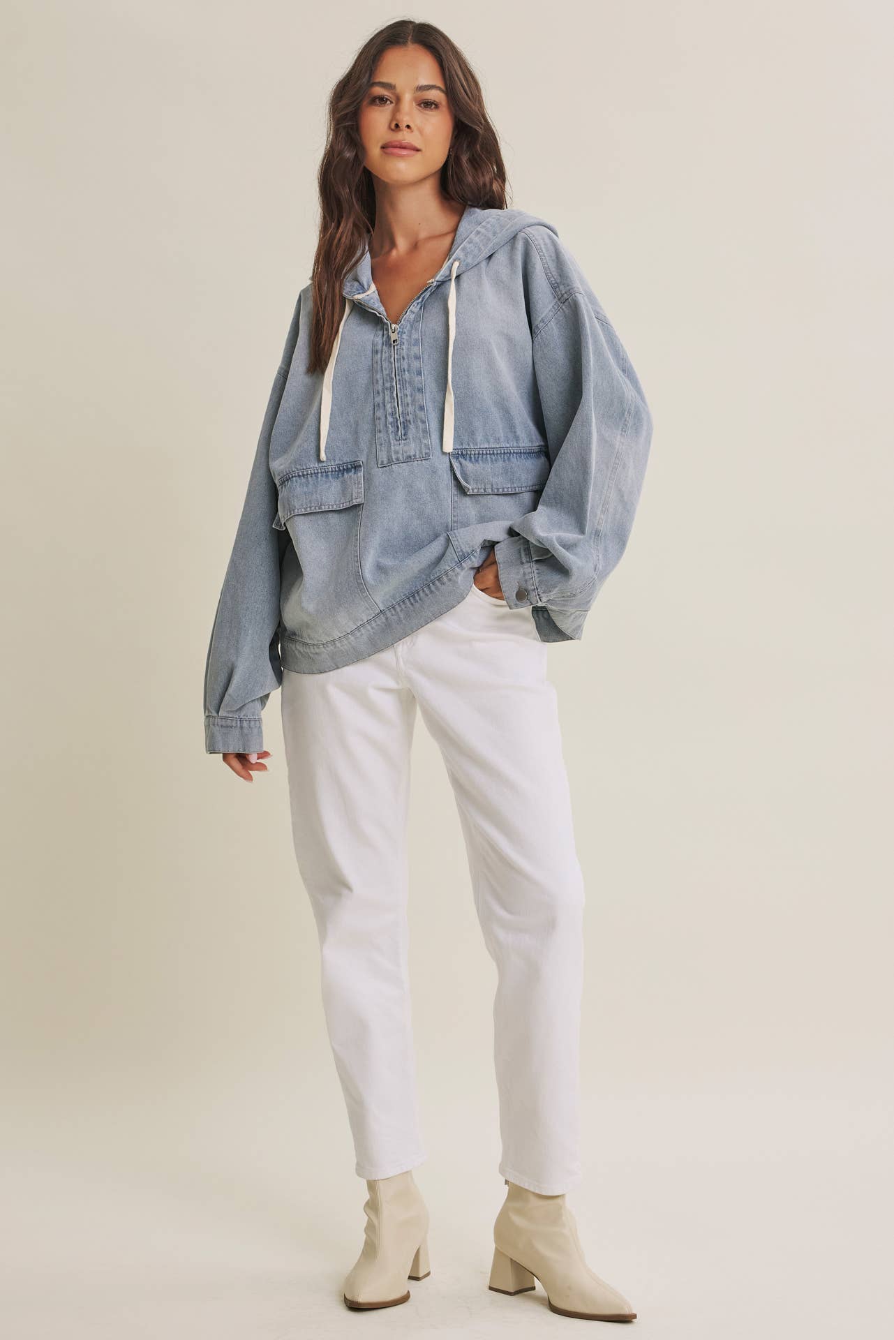 CRAVING COMFORT MINERAL-WASHED DENIM HOODED PULLOVER