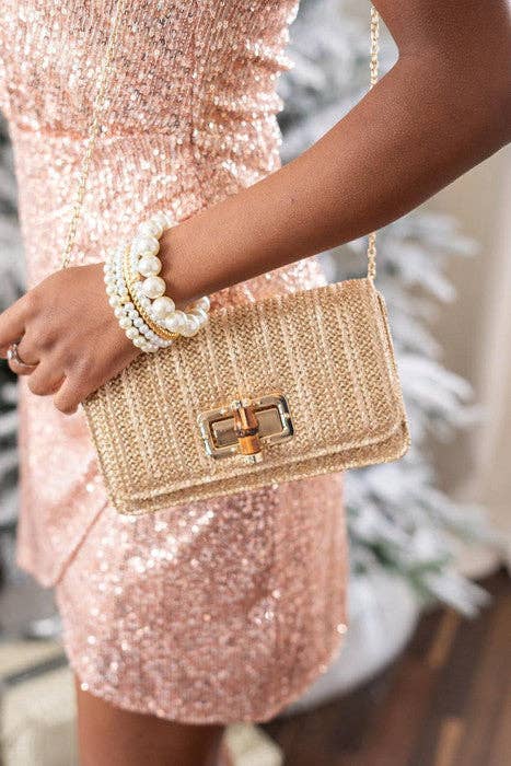 Lilly - Gold Woven Straw Clutch - Bamboo Toggle - WS