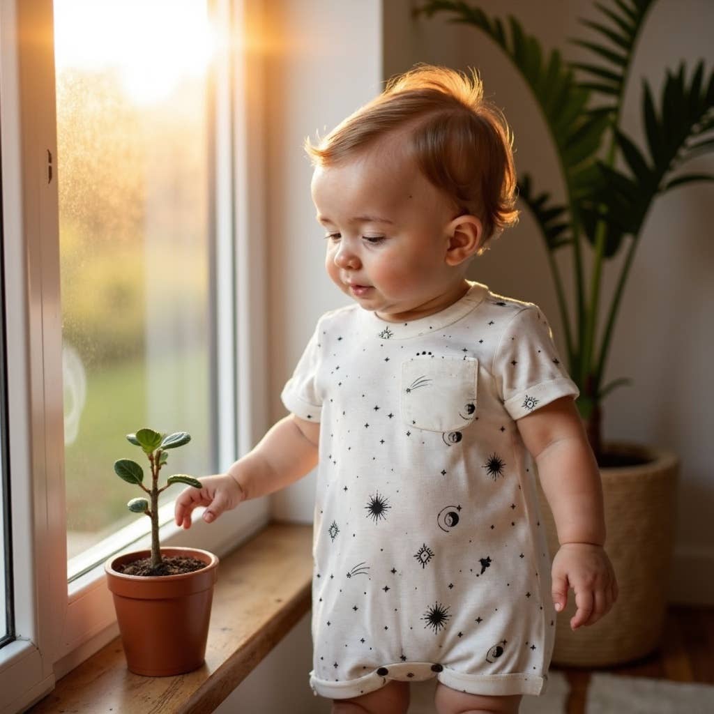 Baby kid organic short sleeve romper | celestial stars